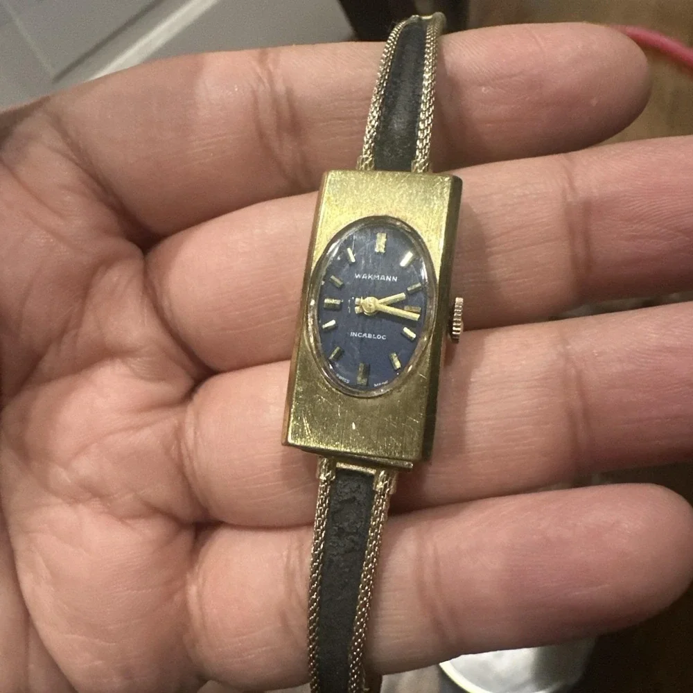 Working Vintage Wakmann Blue Dial Manual Wind incabloc Ladies Watch 16mm Fit 6in